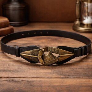 Omega Black Leather Belt Vintage Brass Arrowhead Buckle Spearhead Boho Size 36